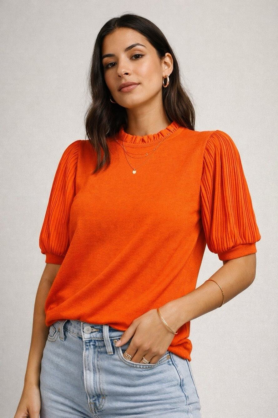 Orange Pleated Sleeve Top Blouse Minimalist Statement Lightweight XL Old Money